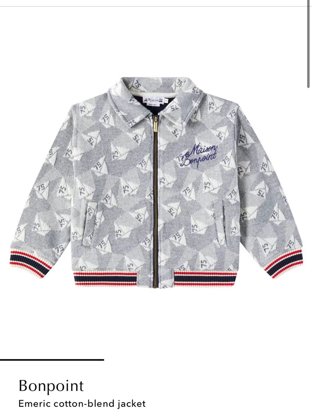 Bonpoint Gray Patterned Kids Zip Puffer Jacket with Red & Navy Trim